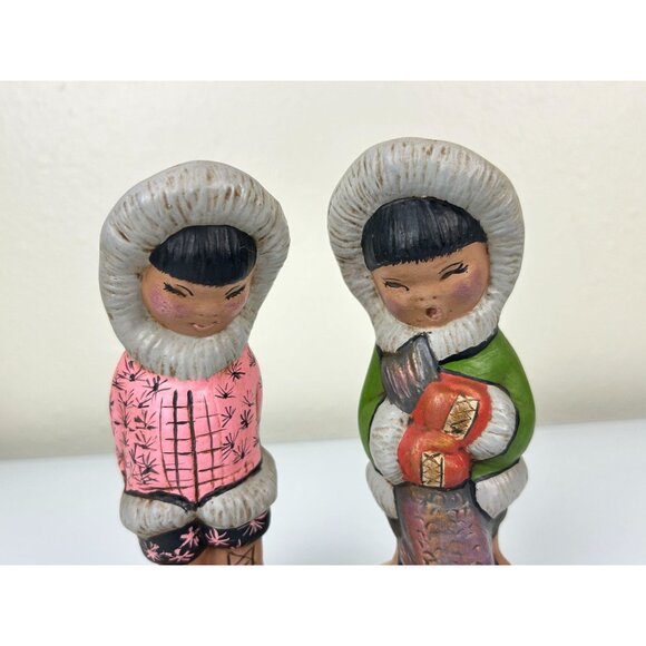 Eskimo Ceramic Hand Painted Girl & Boy Figures, Set of 2 Alaskan Winter Art - Picture 3 of 15